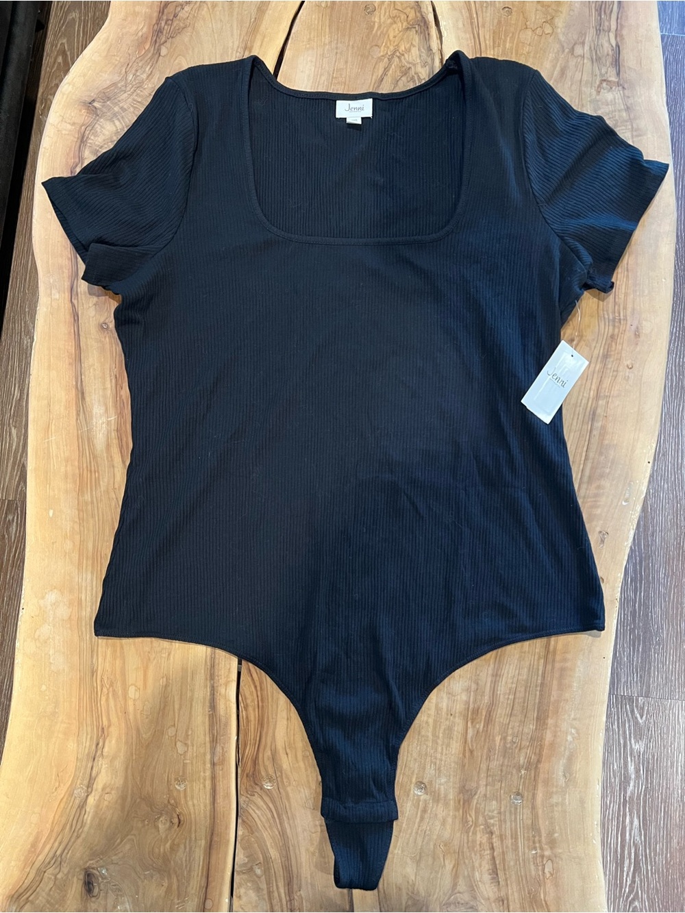 Jenni Black Ribbed Square-Neck Short Sleeve Bodysuit